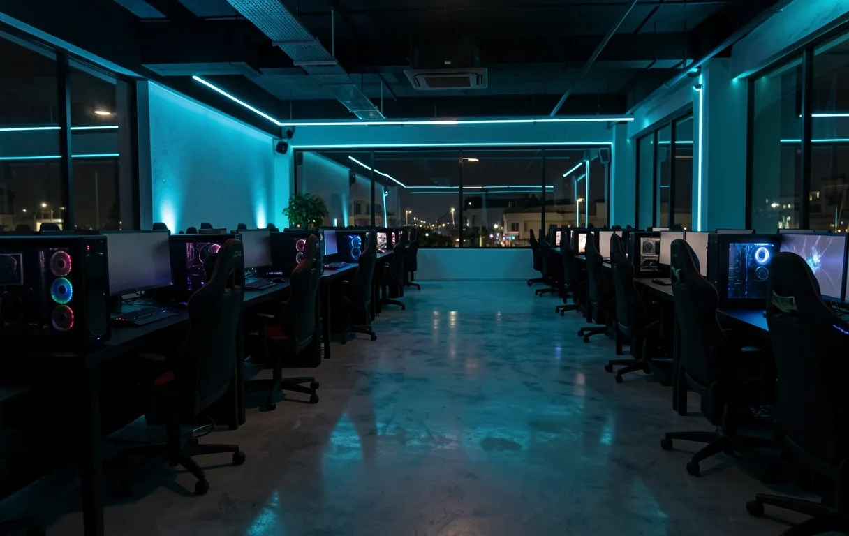 Interior del club Weravia con estaciones de trabajo profesionales