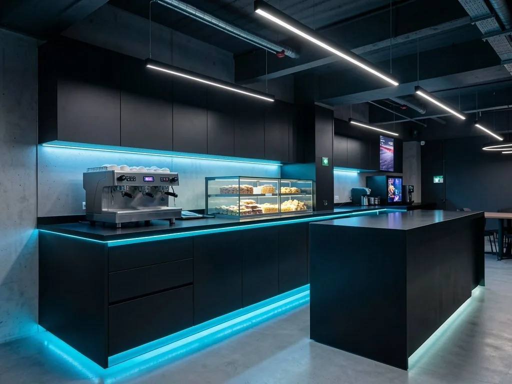 Cafetería del club con mostrador y iluminación ambiental