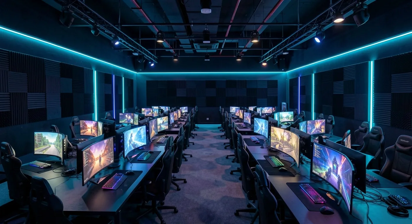 Interior de la arena principal de Weravia Cyber Club con estaciones profesionales