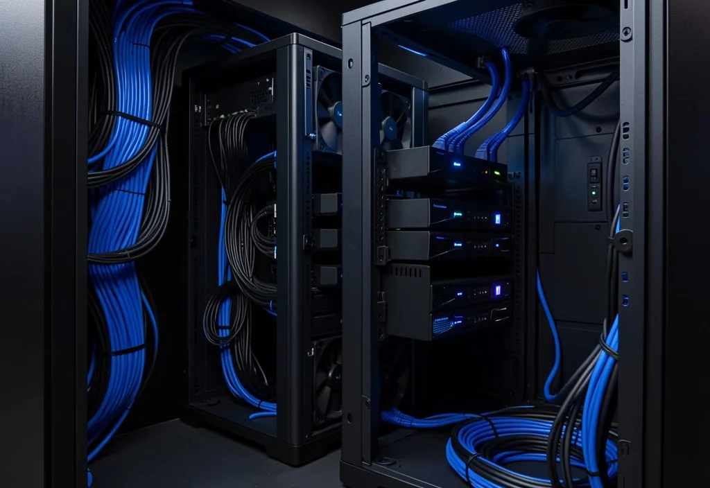 Rack de servidores con cableado ordenado y sistema de red
