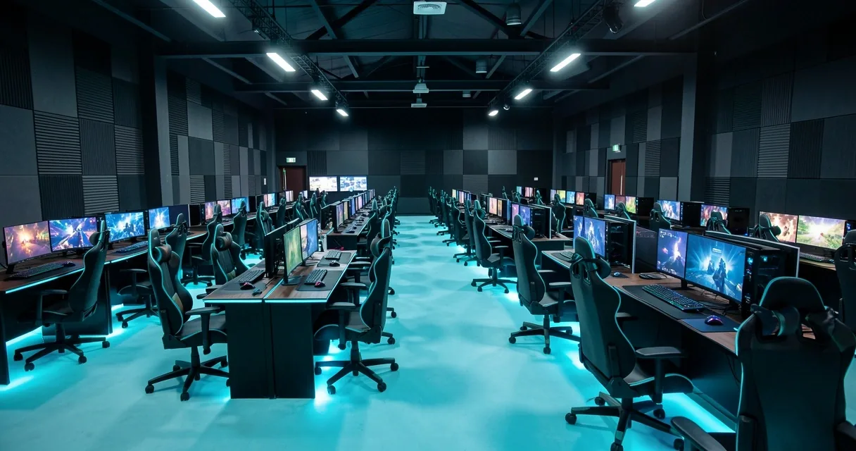 Sala común con filas de estaciones alineadas e iluminación LED ambiental